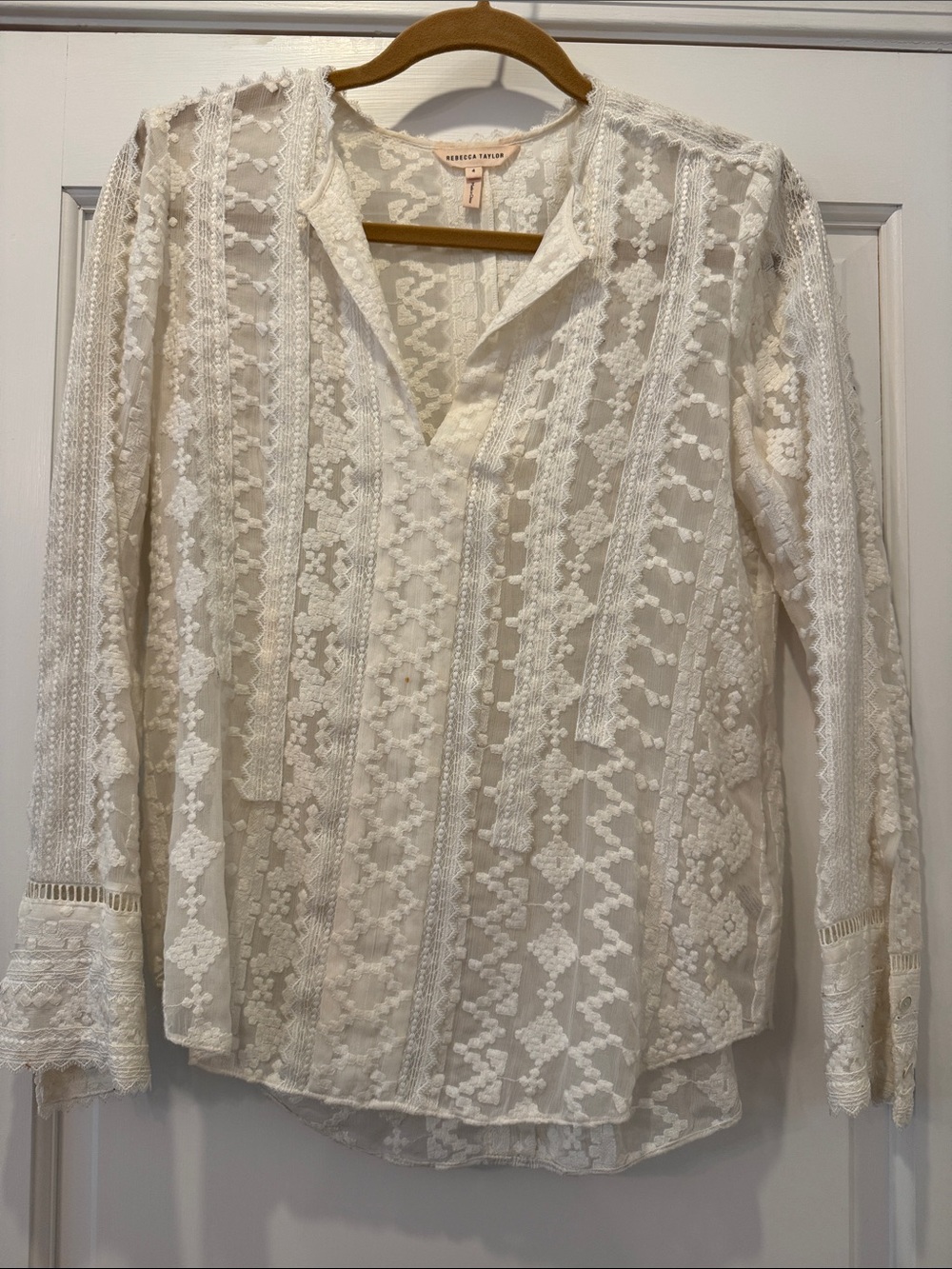 Rebecca Taylor White/Ecru Cotton Embroidered Silk Blouse
